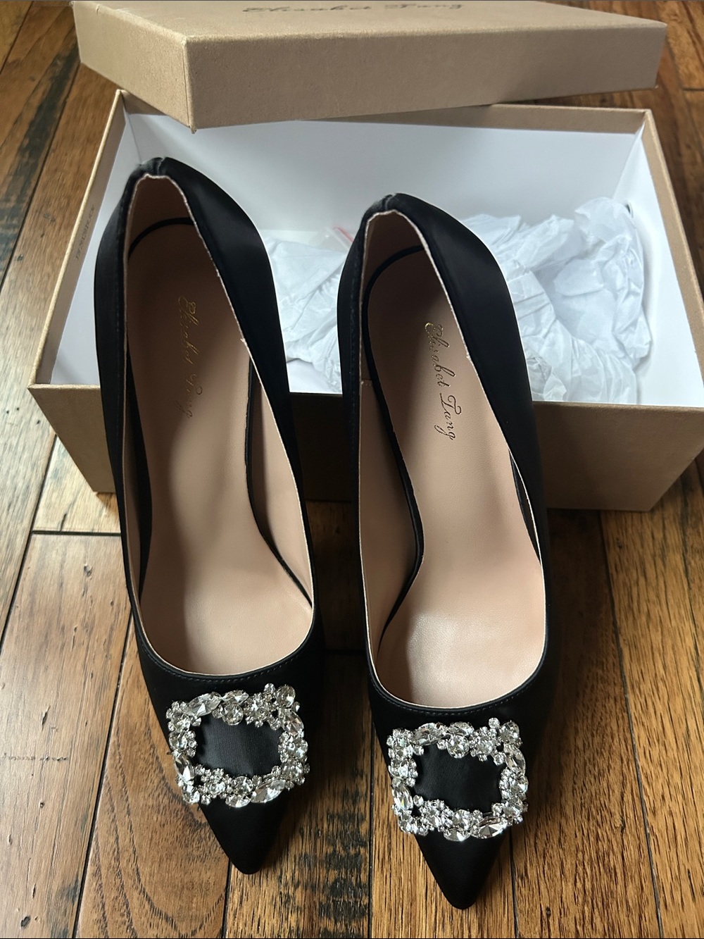 Black Satin Pointed Toe Heels with Crystal Buckle by Elisabeth Tang